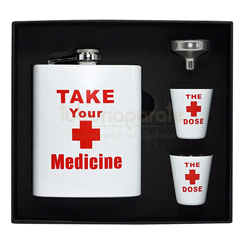 Set plosca metalica pentru alcool imprimeu Take your Medicine marca Angelo